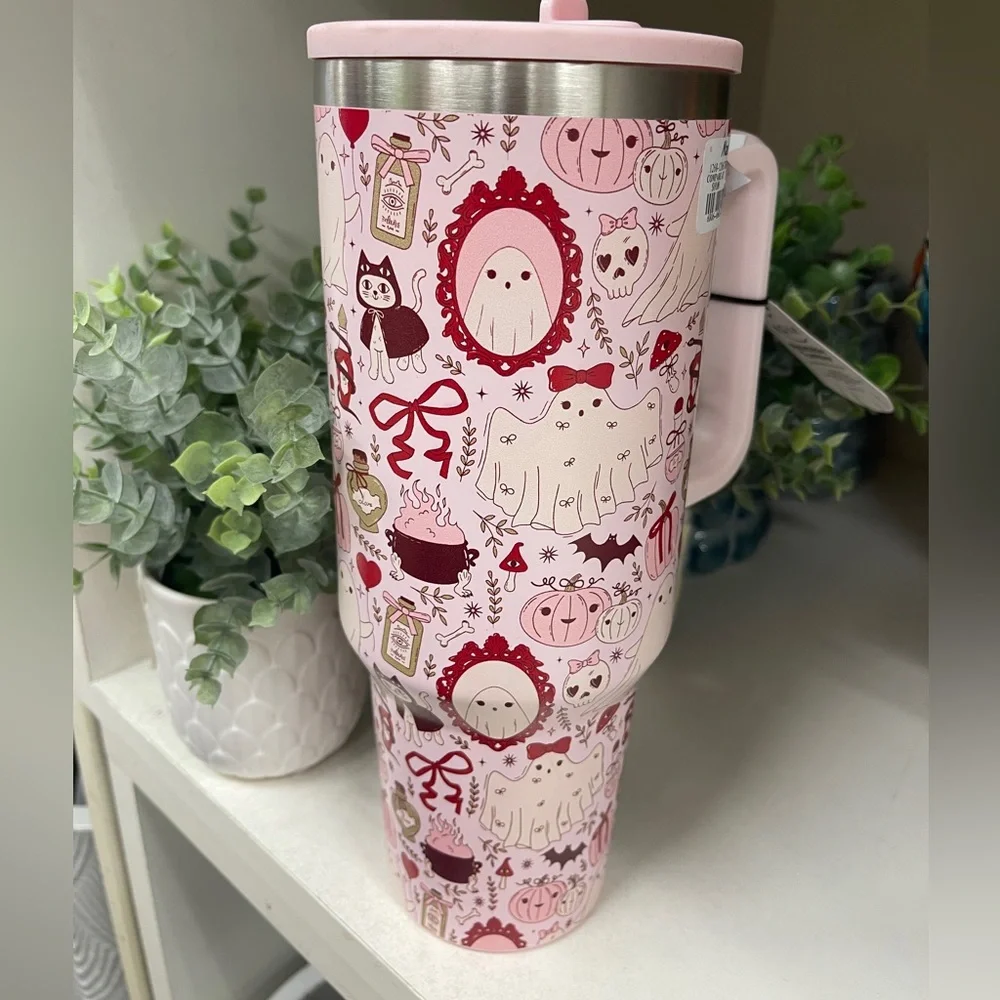 Pink Halloween Ghosts Cats Bows Insulated Stainless Tumbler w/Lid Straw 40ozNWT